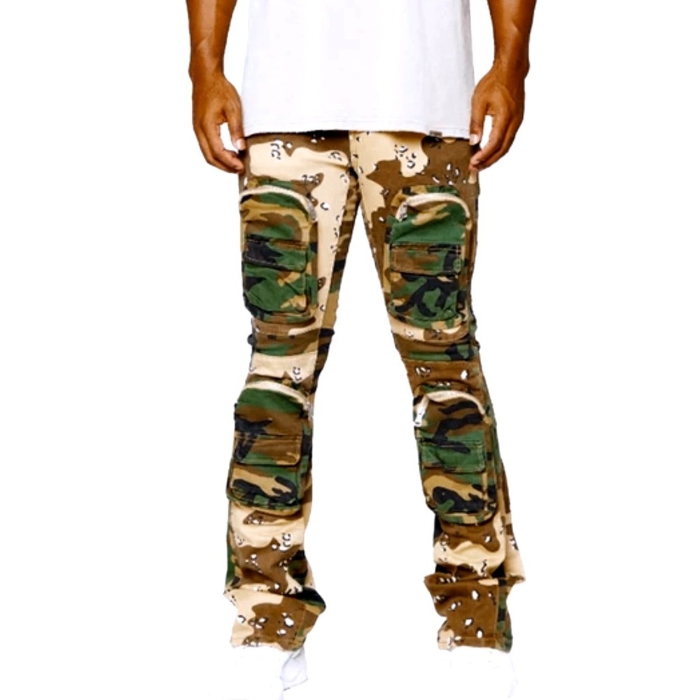 NWT Valabasas Dual Soldier Cargo Pants Mens 28 Camo Patchwork Stacked Streetwear